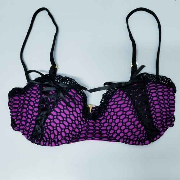 Beach Bunny Magenta & Black Fishnet Lace Corset Detail Balconette Bikini Top XS - Picture 8 of 15